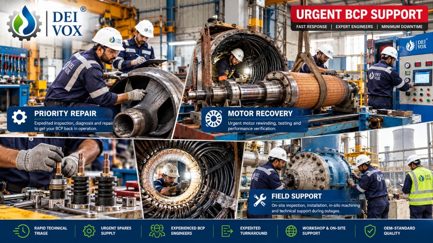Field engineer inspecting a pump assembly during urgent service work