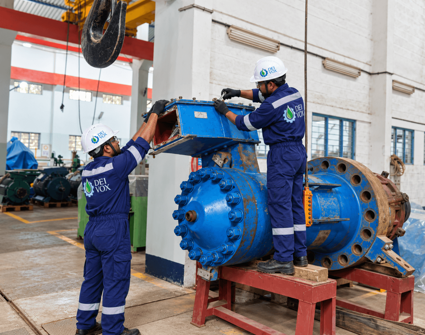 DEI VOX technicians overhauling a large industrial pump