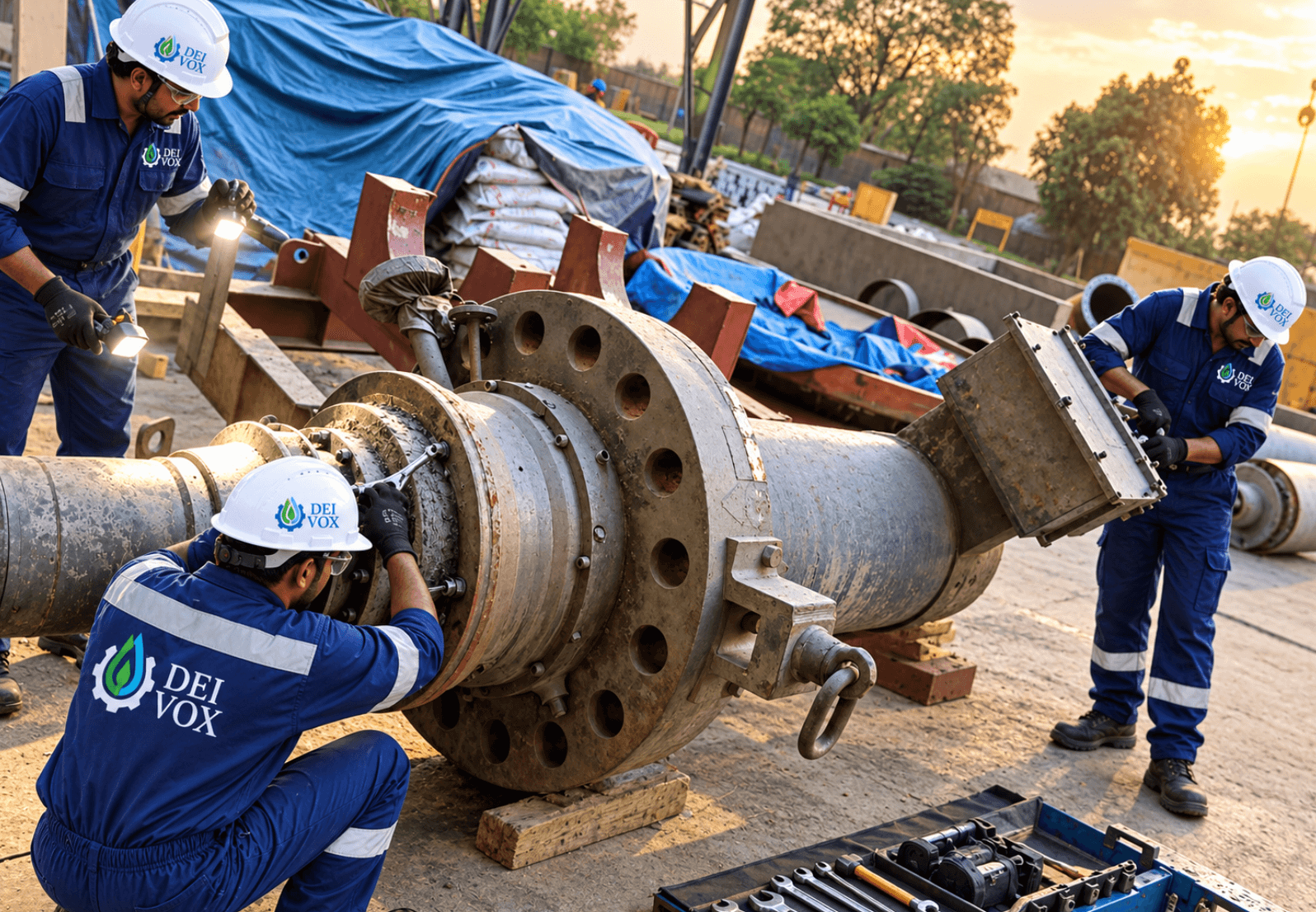 DEI VOX team inspecting a pump assembly at an industrial site