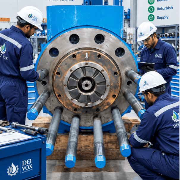 DEI VOX technicians inspecting a boiler circulation pump assembly